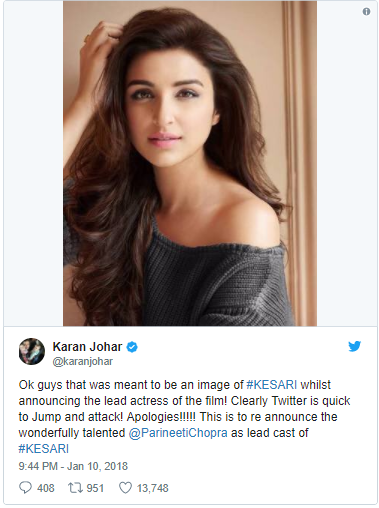 Karan johar Apologies On Twitter For Kesari