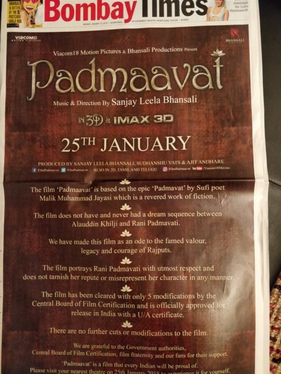 Padmaavat Full Page Ad